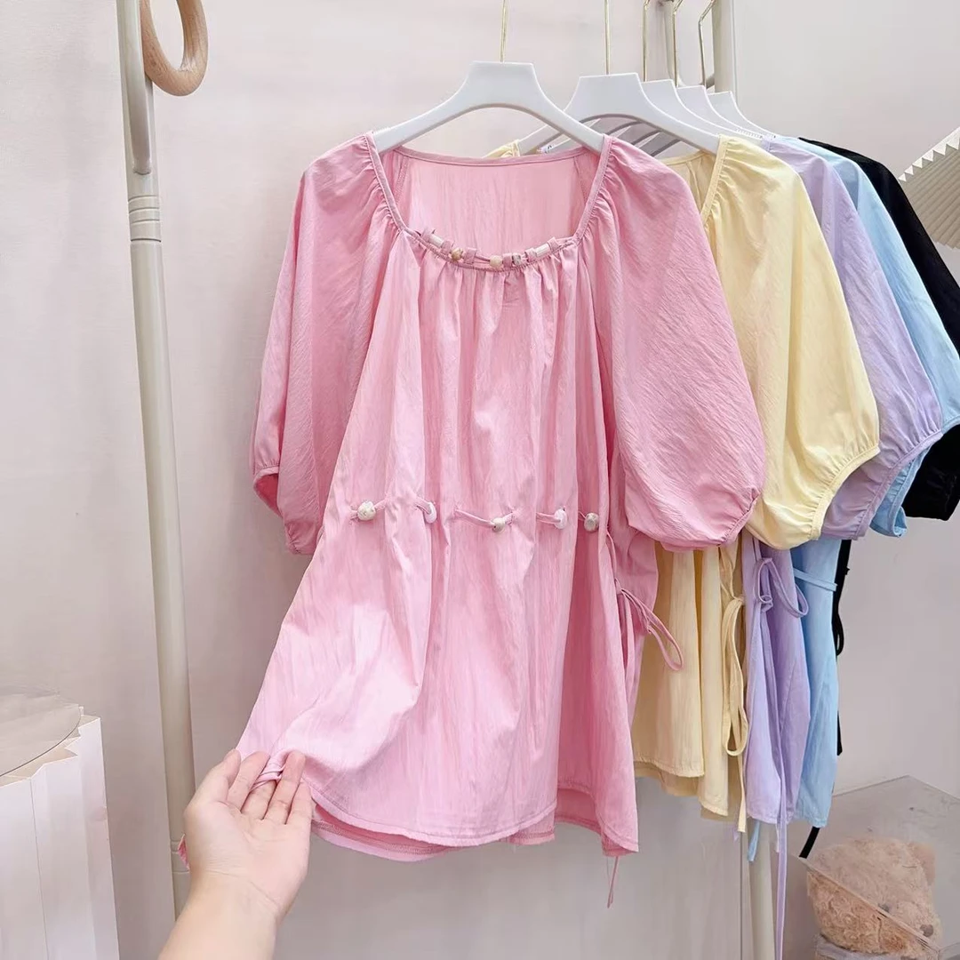 胖胖家*3922新款圆领设计感收腰百搭显瘦上衣