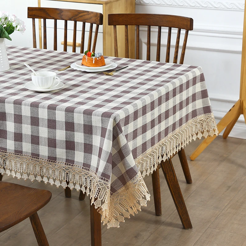 【105*155】格子茶色四季通用优雅格子透气台布客厅茶色北欧风