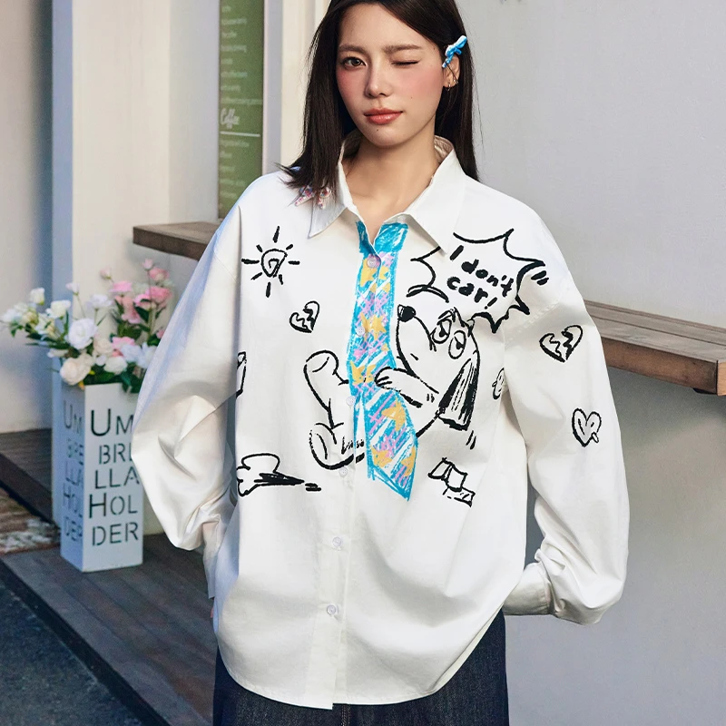 HACR IDONTCAR手绘涂鸦领带小狗长袖衬衫