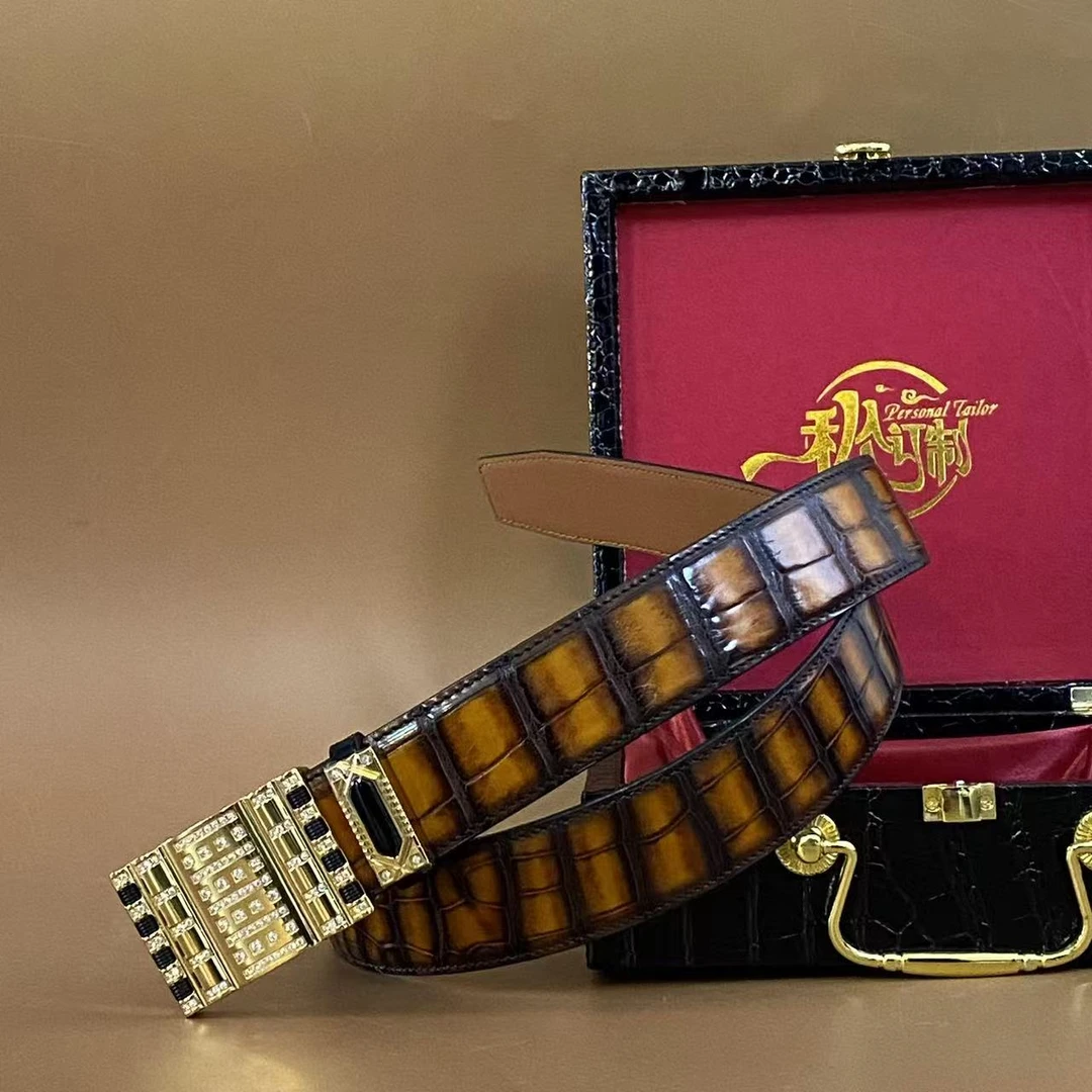 凌翰家高端鳄鱼皮美洲鳄手工擦色男士腰带琥珀色