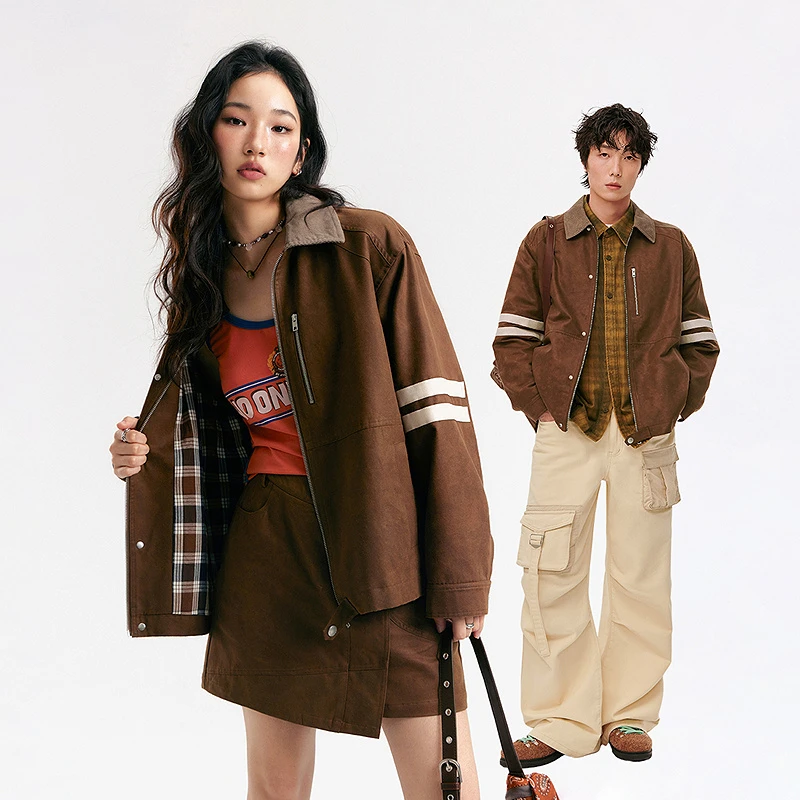 NO ONE ELSE美式复古女装琥珀流光条纹拼接PU皮秋季长袖夹克外套