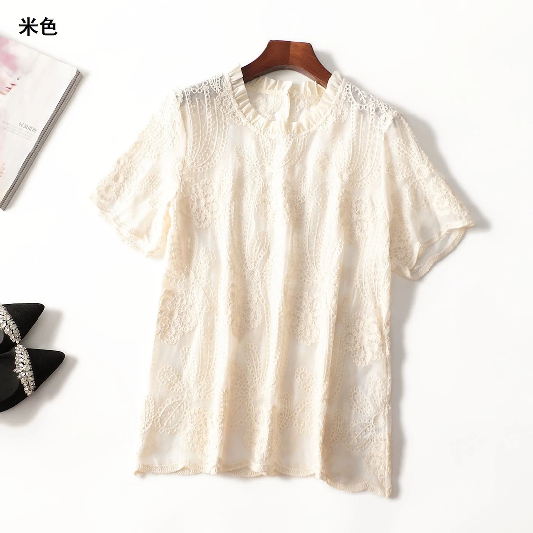 411929夏中长款短袖百搭复古中国风圆领上衣夏季夏装米色蕾丝新款