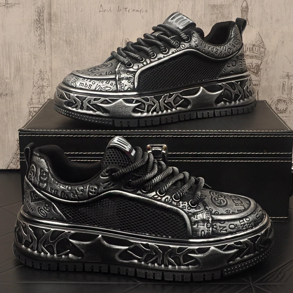 复古擦色男鞋2025夏季新款厚底增高时尚百搭休闲鞋网面透气男板鞋