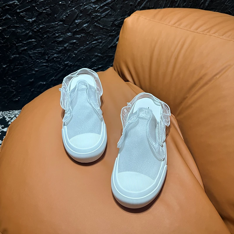 欧货真皮网纱透气时尚百搭休闲小香风包头拖鞋丝带网红平底半拖鞋