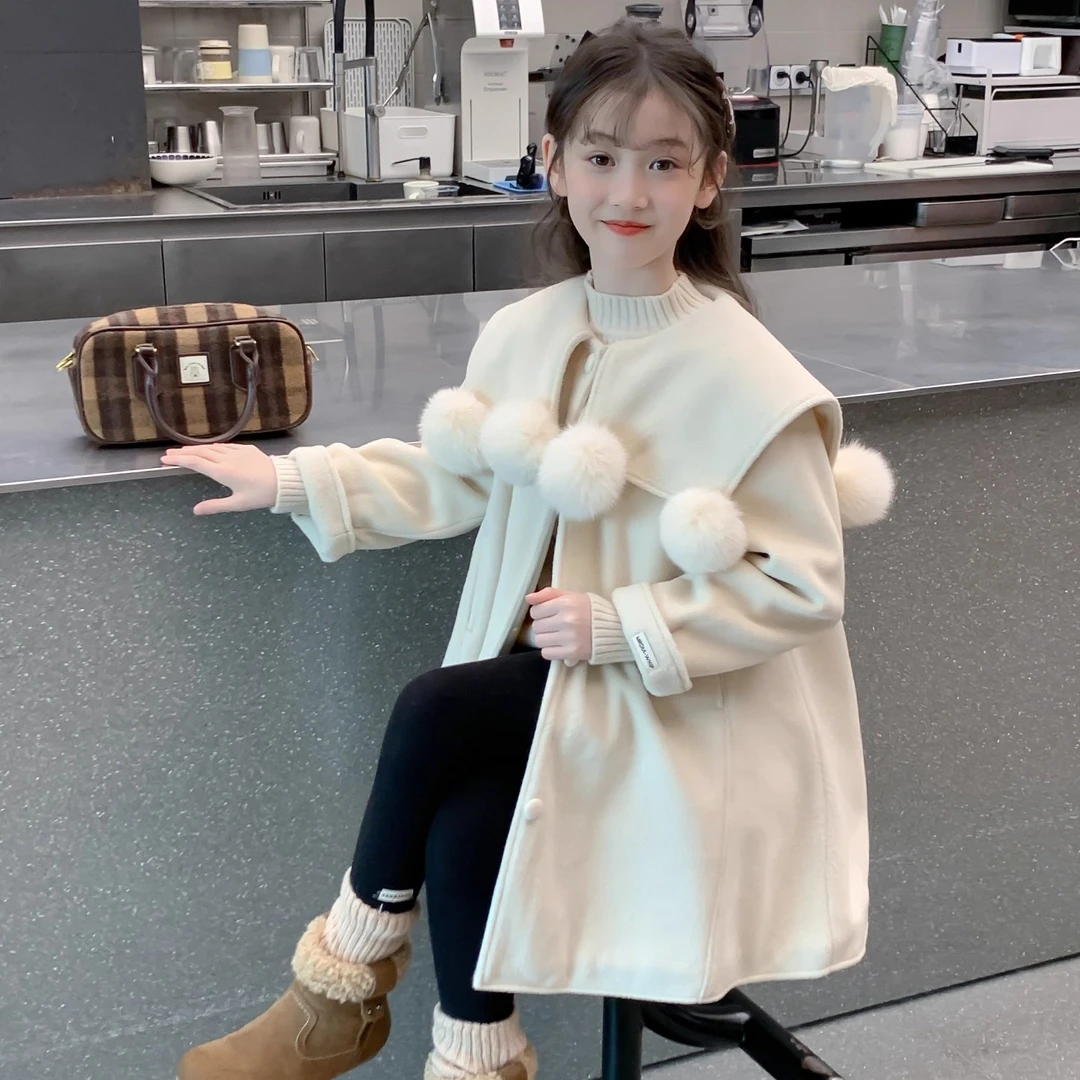 女童外套秋冬装2025新款儿童洋气中长款夹棉加厚女孩冬季毛呢大衣