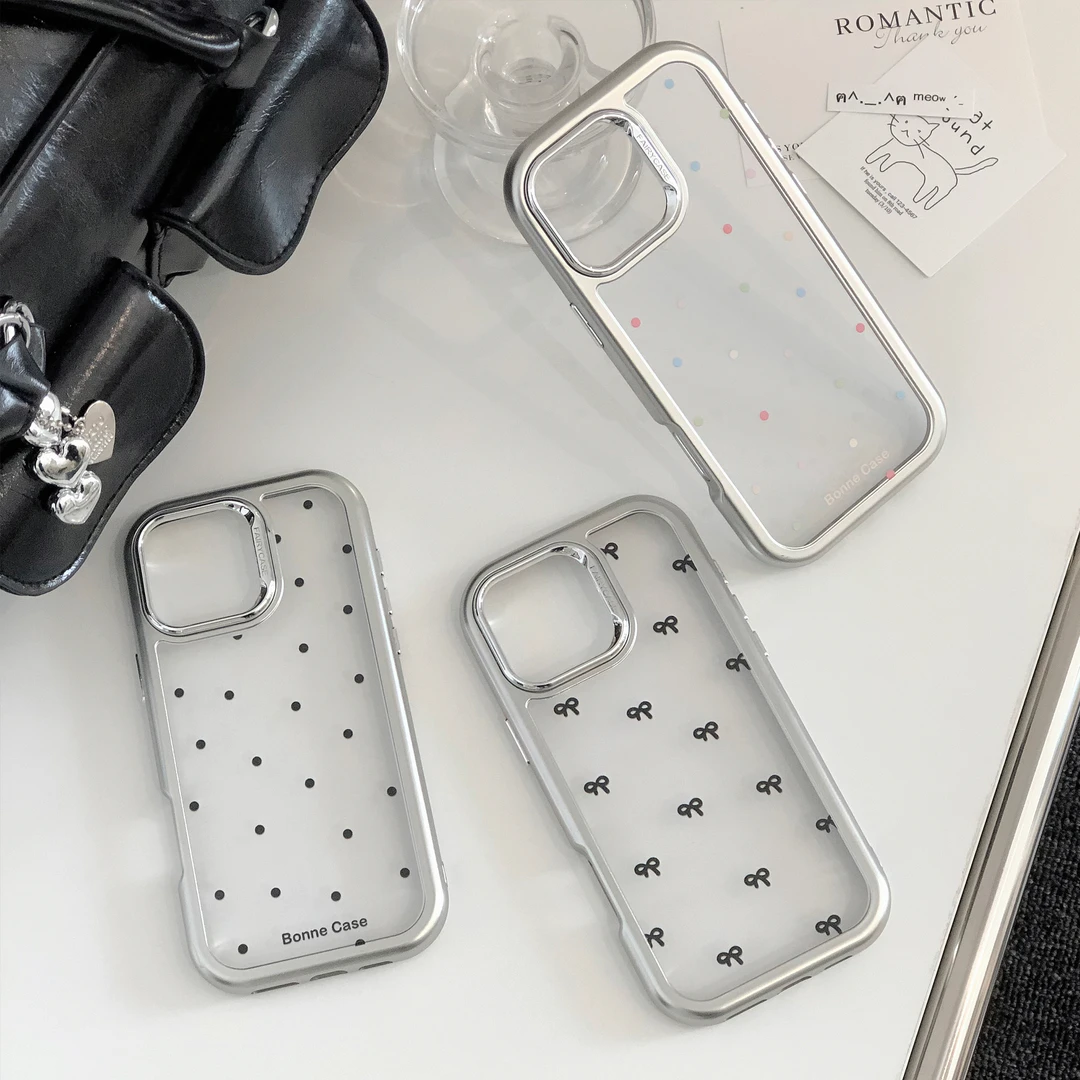 电镀银ins波点蝴蝶结iPhone16pro手机壳15promax防摔保护13透明硬