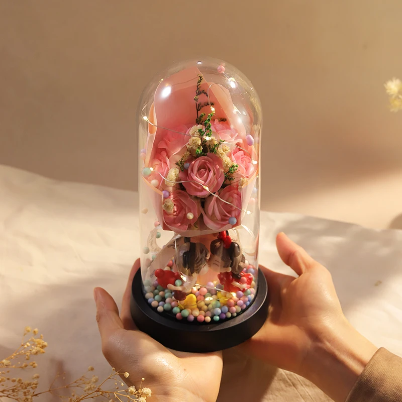 情侣款生日礼物玫瑰永生花束高级摆件带灯送女生老婆玩偶仿真花束