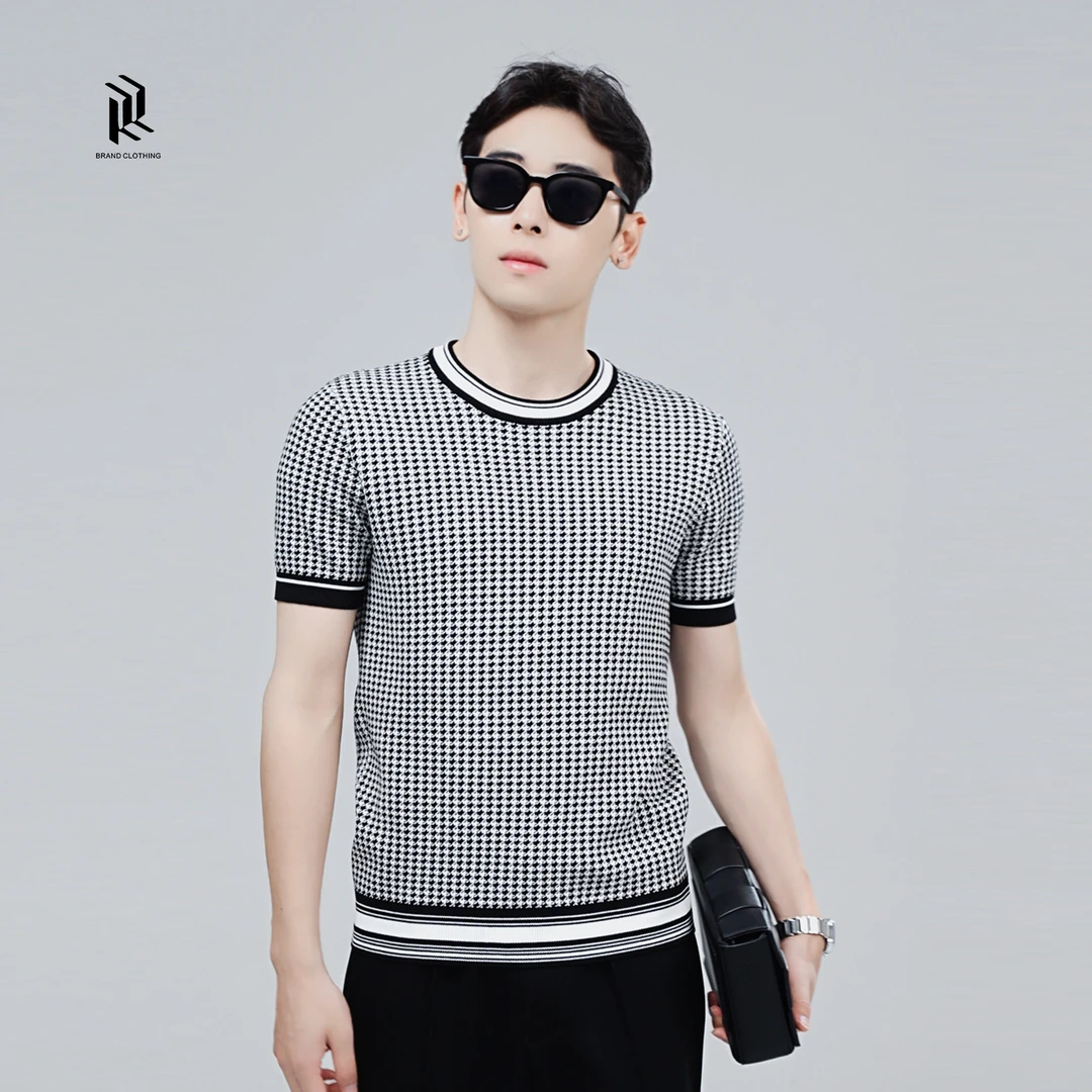 『特细混纺纱线定织』春夏简约千鸟格黑白格罗纹领拼接针织圆领T