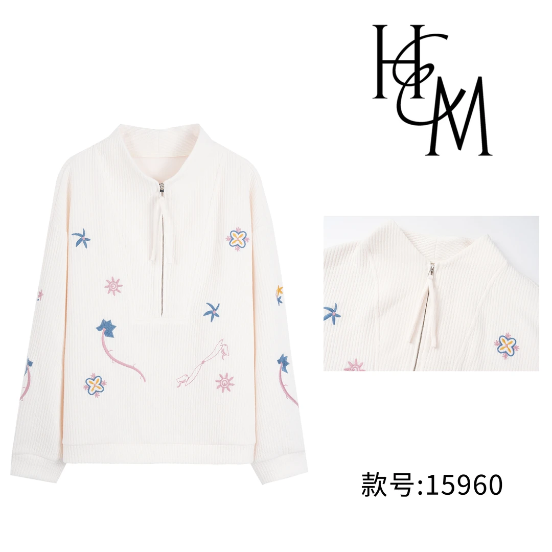 时尚设计师款半高领拉链坑条显瘦绣花卫衣【15960】
