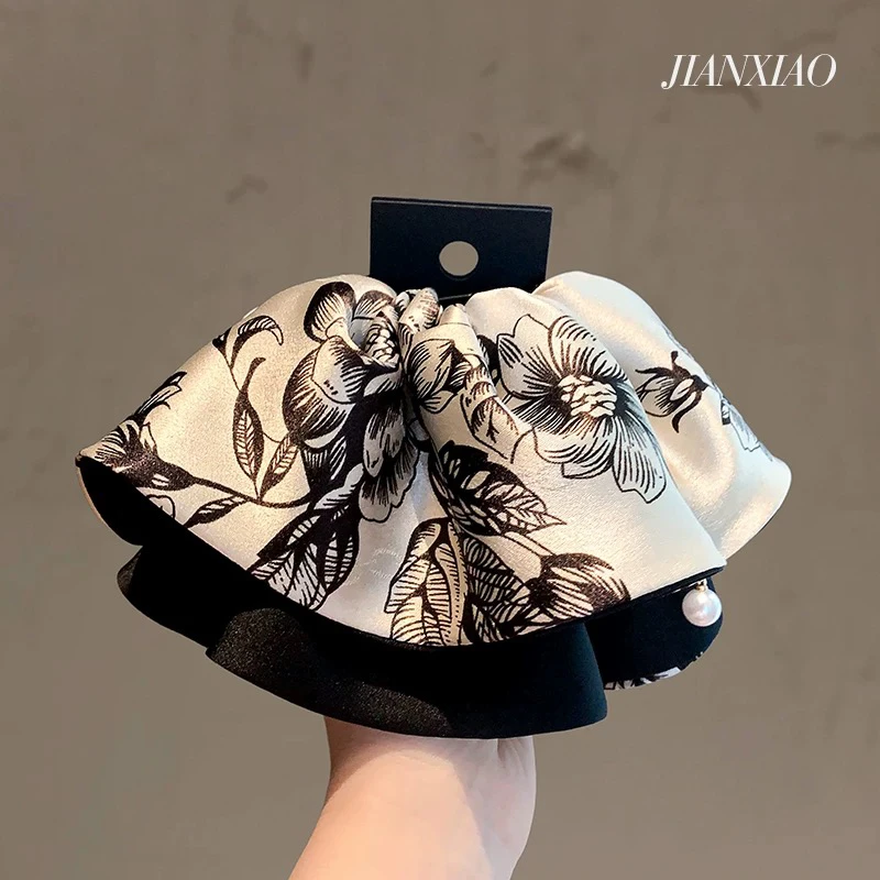 国风水墨牡丹印花缎面珍珠马尾夹鲨鱼夹温婉气质轻奢小众精致抓夹