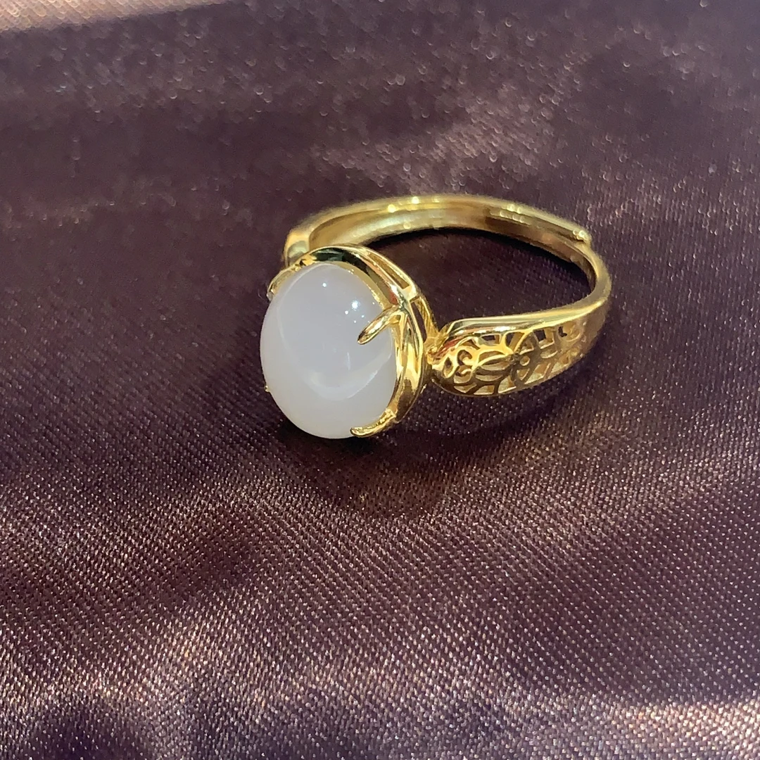 S925银镶和田白玉（羊脂玉）旦形戒指