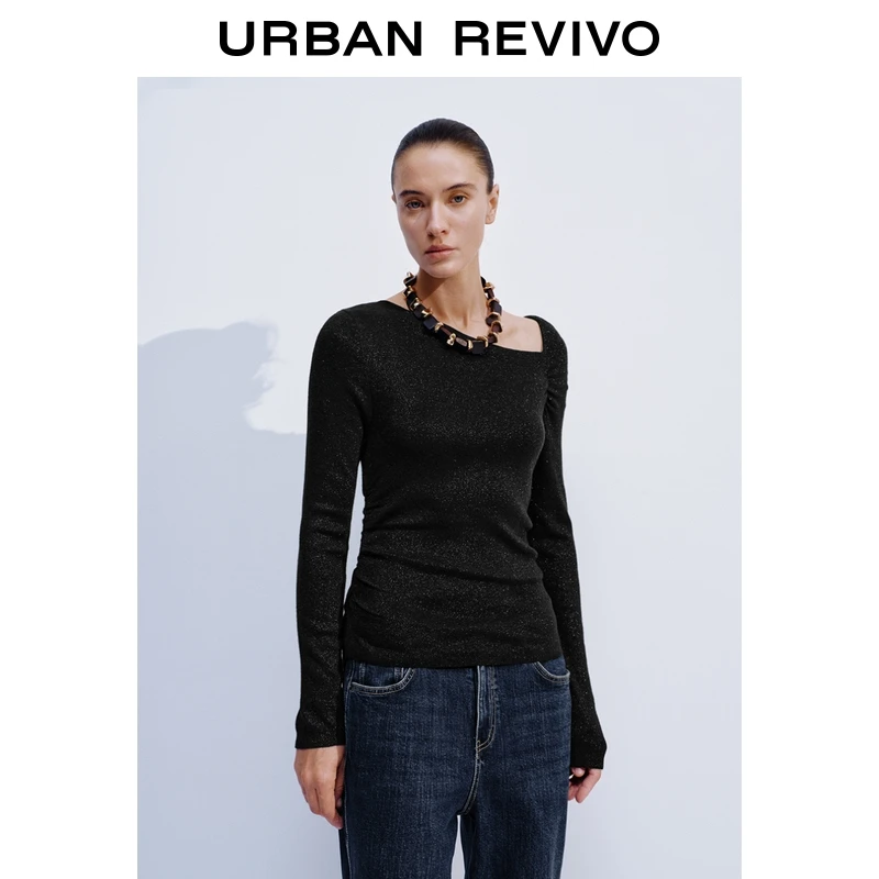 UR2025冬季新款女装气质魅力亮丝斜肩领针织衫UWG950260