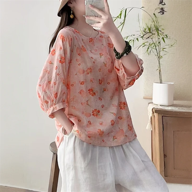 文艺短袖洋气衬衫纽扣显瘦印染韩版几何图案夏季女装薄款透气棉麻