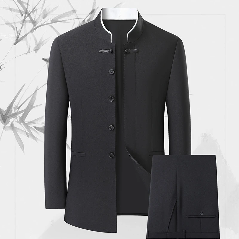 2025立领西服套装加肥大码新中式外套秋季宽松休闲中山装单件西装