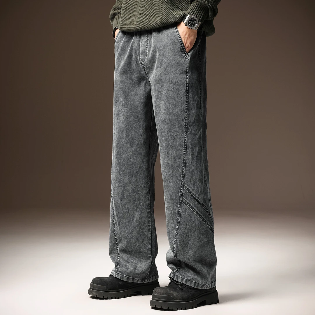 高端炒雪花牛仔裤男士秋季新款潮牌宽松直筒长裤天丝阔腿休闲裤子