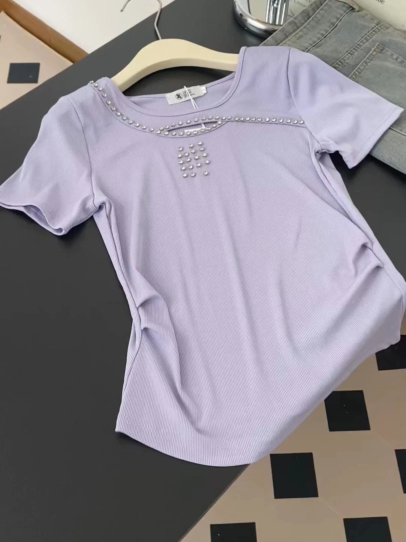 交叉钻镂空显瘦短袖T恤女装夏装2025新款圆领镂空上衣别致设计感