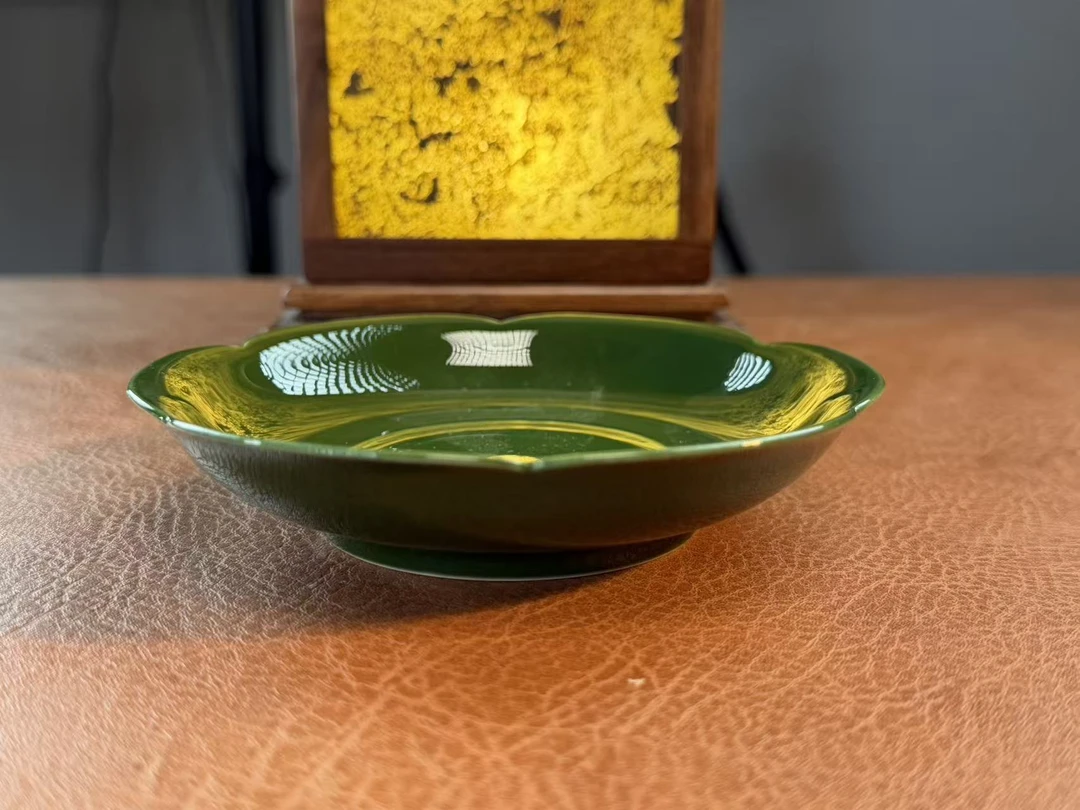 A370 【 蜕观堂】 景德镇手工手绘翡翠绿釉葵口壶承 12cm