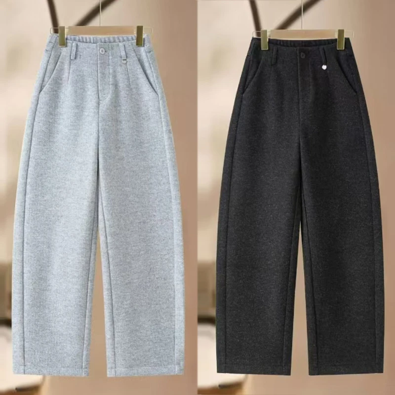 加厚加绒阔腿裤子女款秋冬季高腰显瘦弯刀直筒裤宽松百搭极简长裤