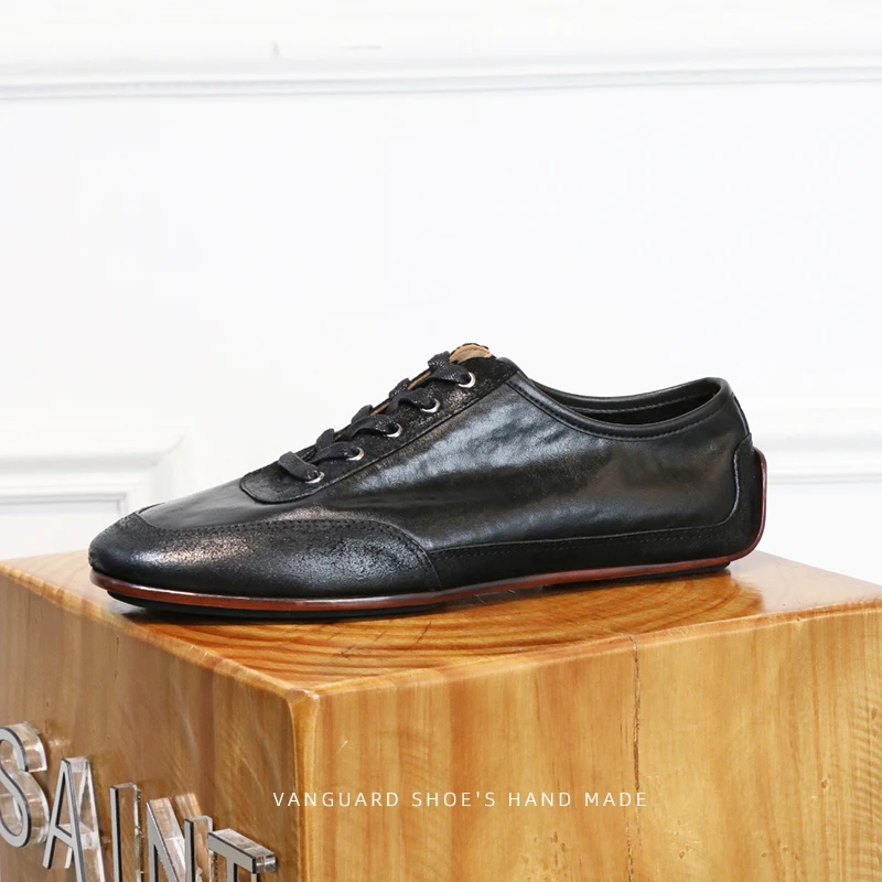 复古水洗单层软马皮训练鞋休闲鞋手工男士软薄底板鞋德训鞋