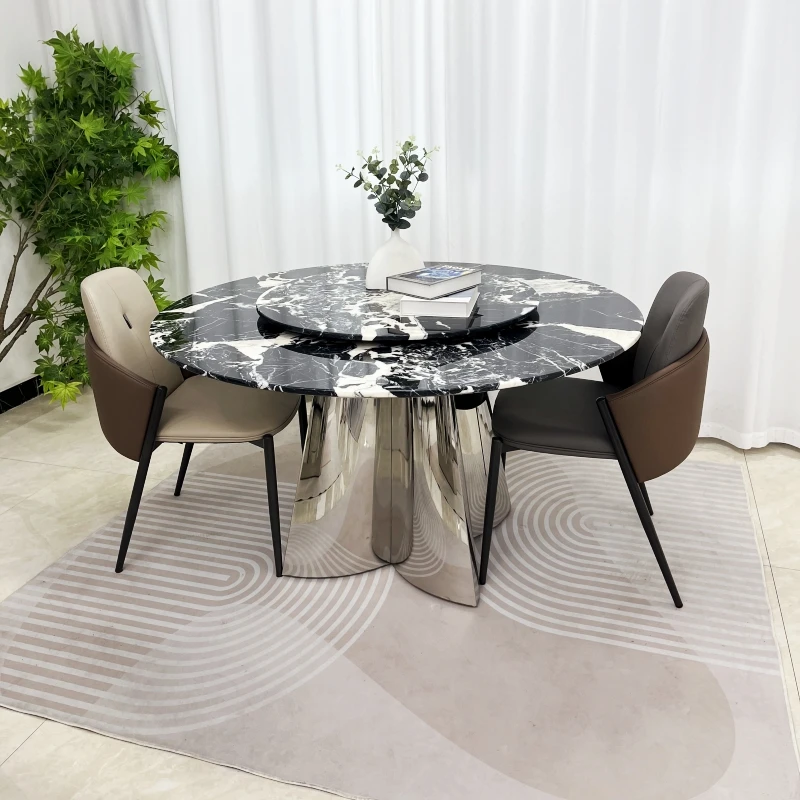 轻居树【宝格丽黑圆桌】天然奢石轻奢餐厅圆桌方桌条桌奢石餐桌组合