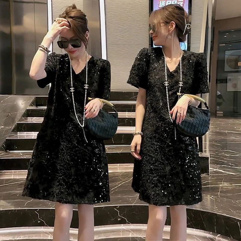 II重工亮片V领连衣裙女欧货2023夏季新款时尚洋气显瘦亮闪闪小香