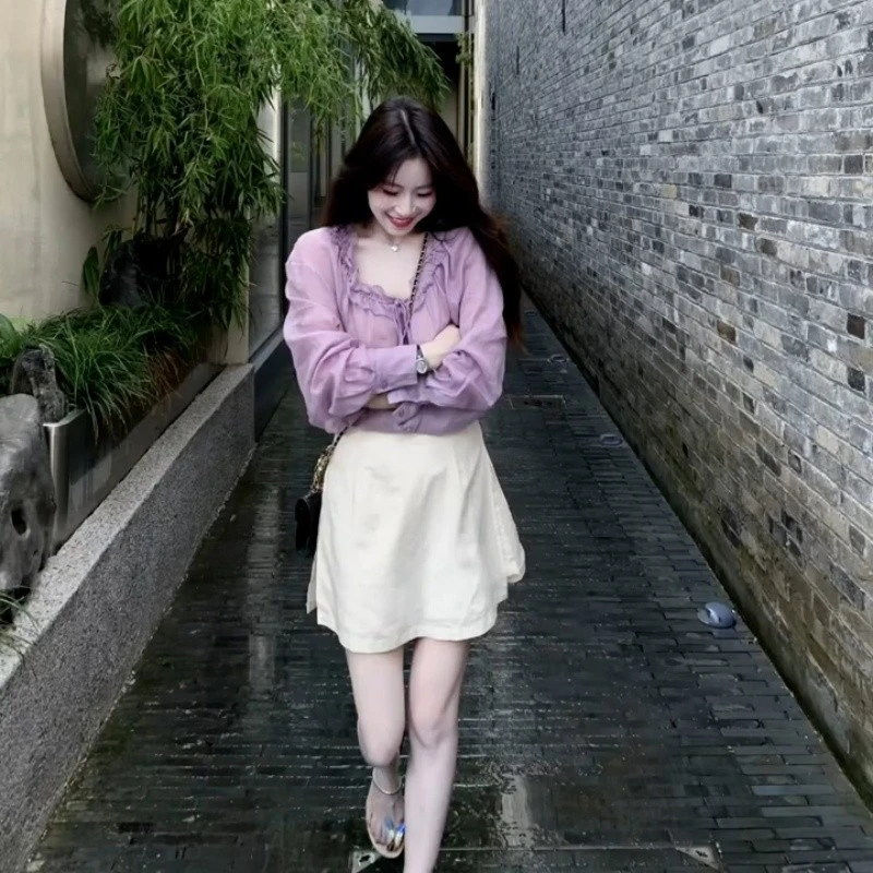 法式温柔紫色木耳边长袖衬衫女早秋新款独特漂亮宽松小衫别致上衣