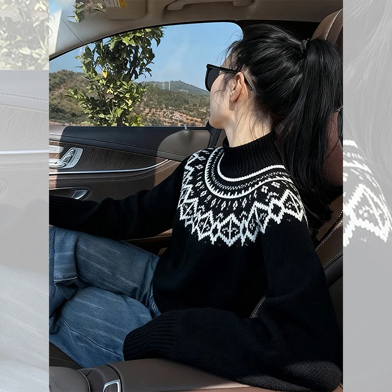 独特漂亮黑色费尔岛小衫高领毛衣内搭针织衫洋气高贵上衣女装秋冬