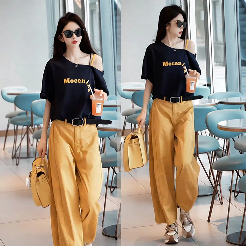 2025超火夏装一整套美式印花斜肩路肩T恤高腰阔腿九分裤显瘦套装
