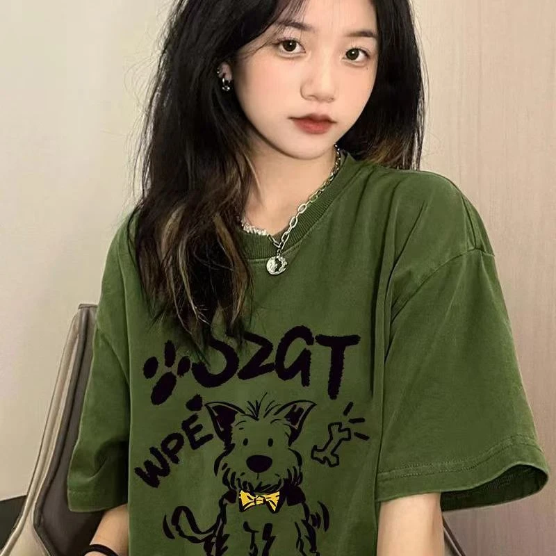 新款美式复古绿色卡通百搭印花长款短袖T恤ins女夏季国潮纯棉上衣