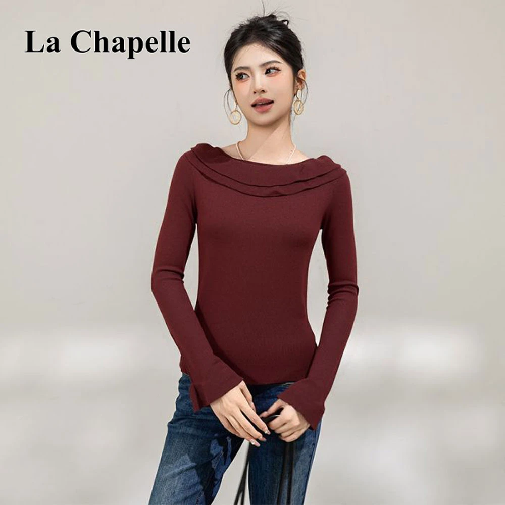 拉夏贝尔2025秋冬荷叶领老钱风T恤衫女洋气百搭打底衫修身上衣女