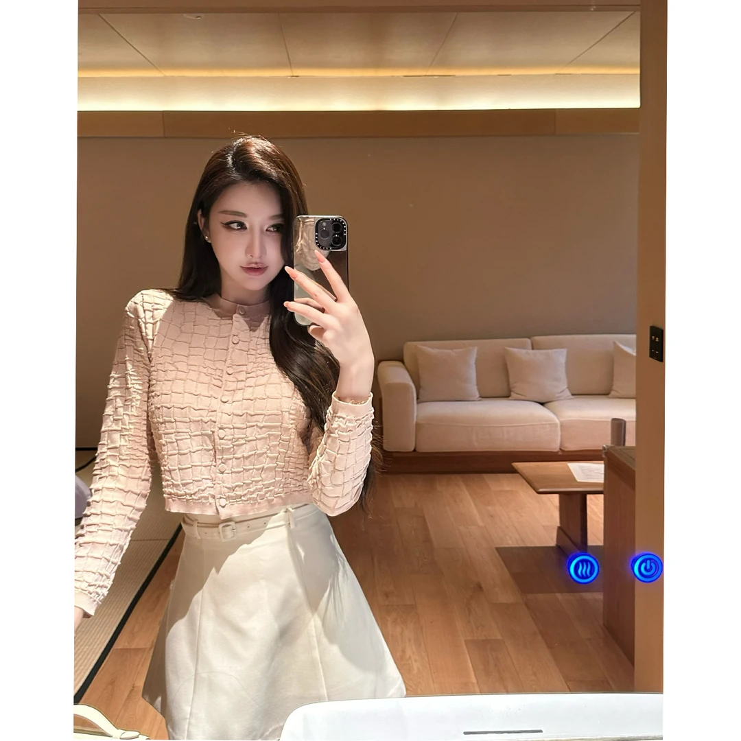 SX善喜裸粉色立体格纹肌理感小香针织开衫女温柔圆领短款上衣外套