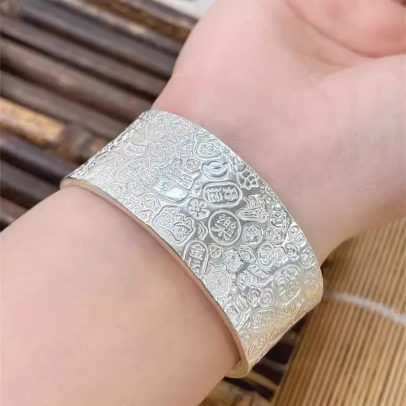 足银手镯 2025新款大宽版吉言纯银手镯纯手工实心开口足银999银镯
