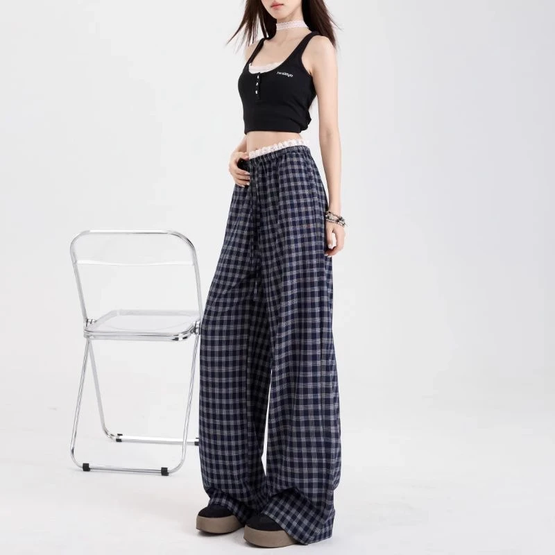蕾丝拼接格纹裤女2025春夏新款宽松外穿小个子高腰垂感休闲阔腿裤