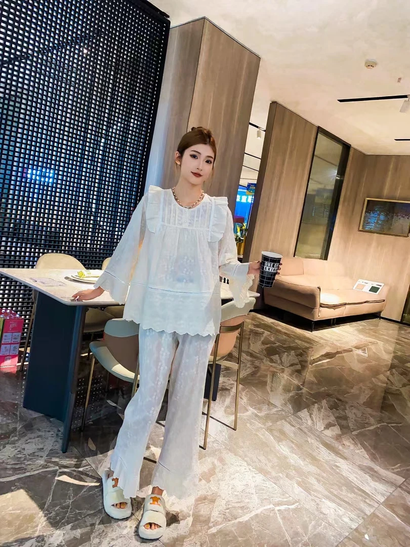 纯棉刺绣早春新款套头长袖长裤轻奢睡衣女套装时尚家居服