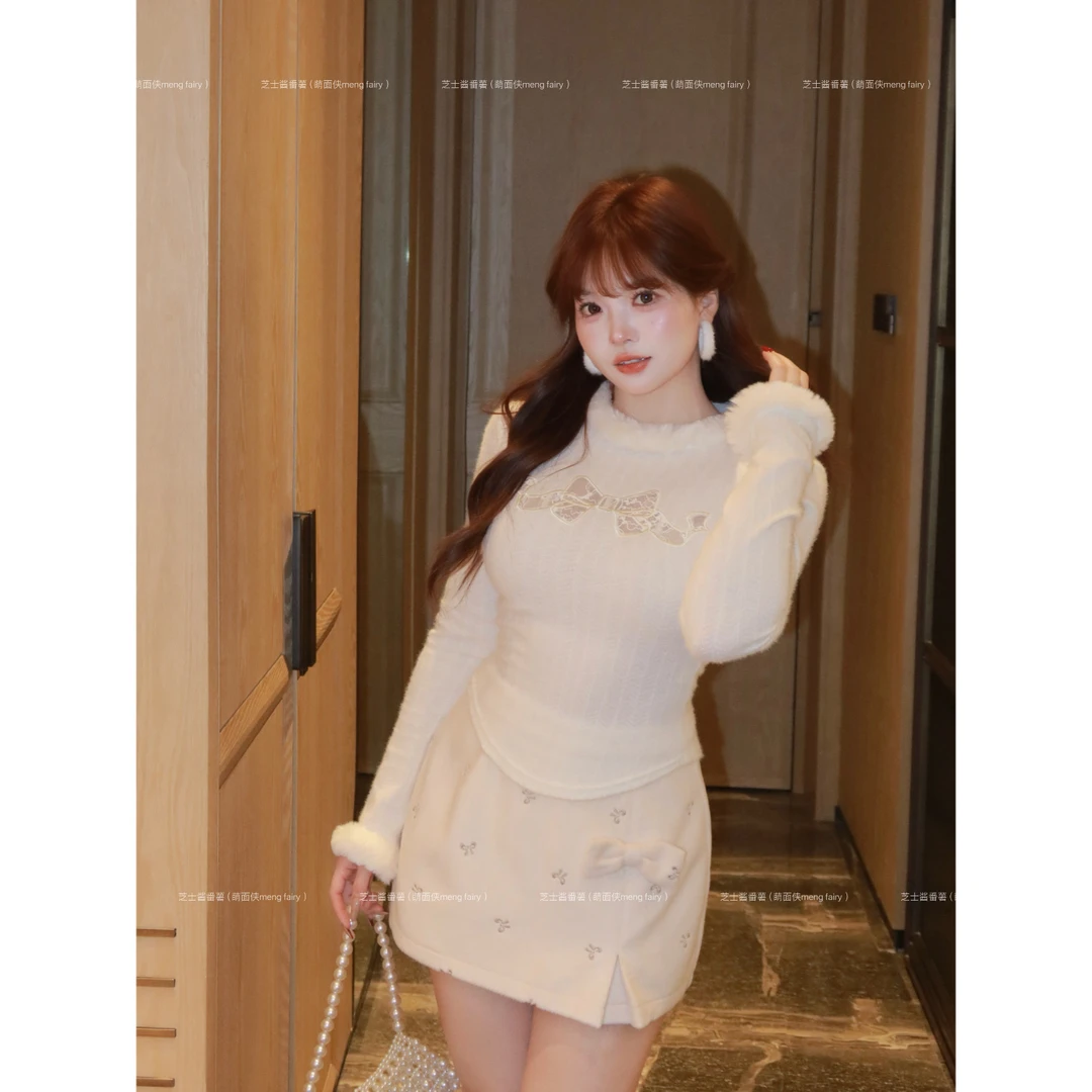 萌面侠芝士【月下纤影】仿水貂毛针织上衣羊毛高腰半裙6860A 6808A