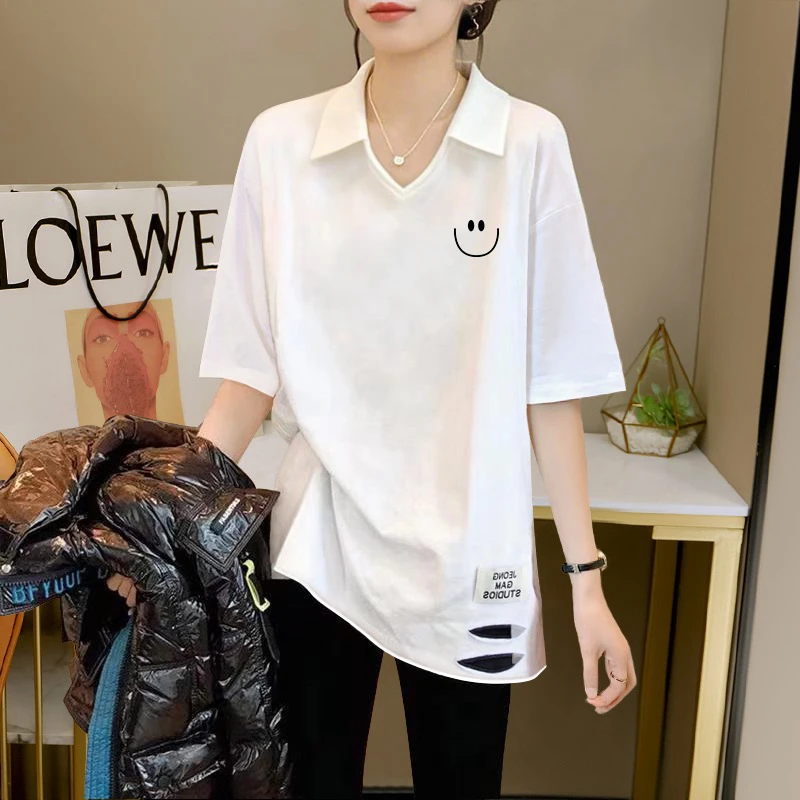高个子女款设计遮屁股T恤小众V领POLO衫显瘦上衣白色休闲风短袖女