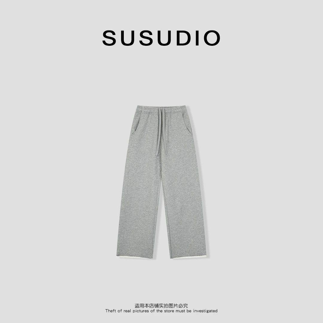 SUSUDIO 松弛感显瘦重磅棉质小卷边中腰九分休闲裤40231