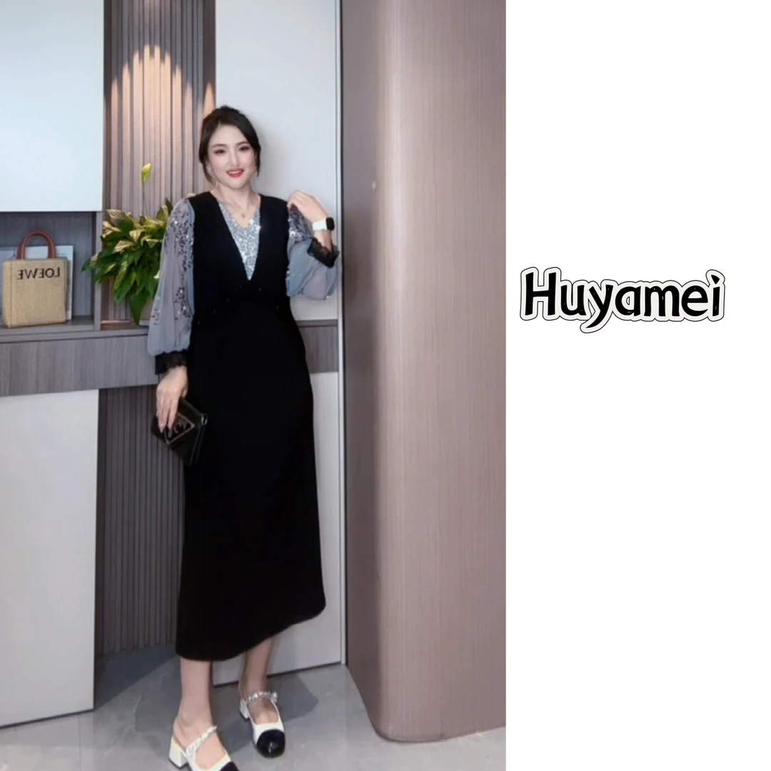 早秋新款收腰显瘦洋气减龄女人味黑色中长款连衣裙