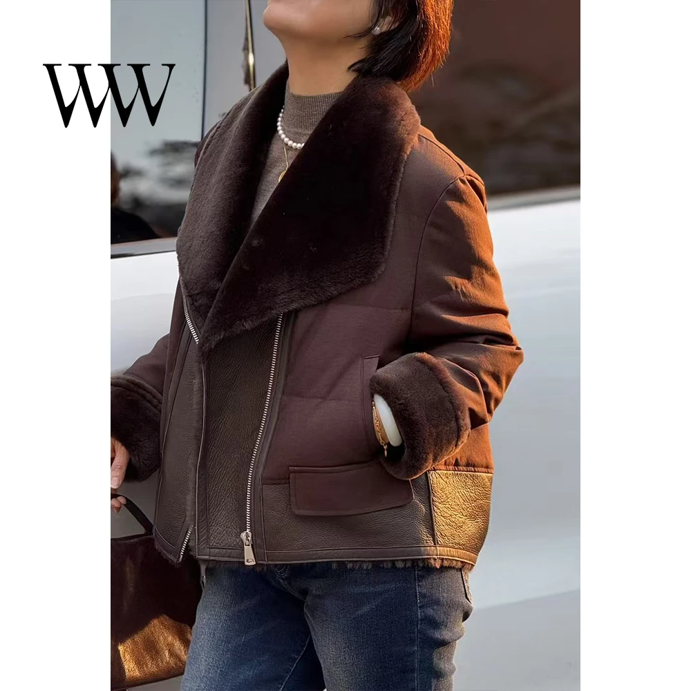 女装保暖咖色羽绒服短款时尚真皮加厚冬季皮毛一体