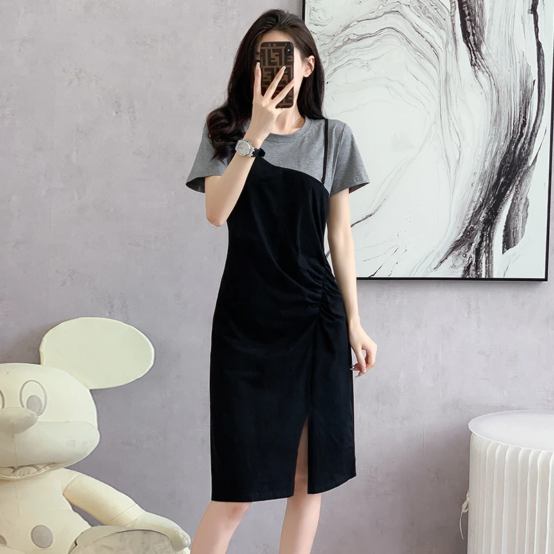 2025夏季新款连衣裙中长款T恤裙撞色拼接假两件大码连衣裙洋气衣