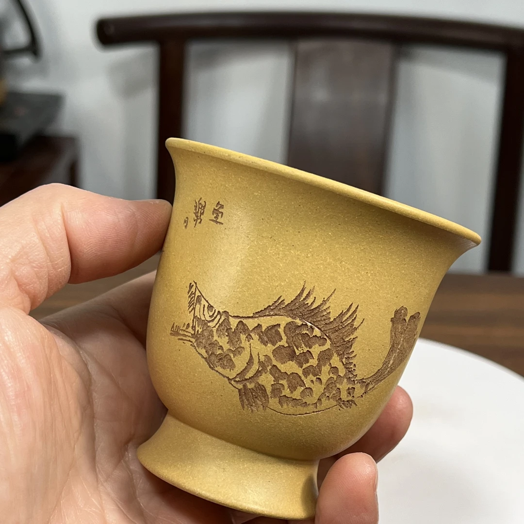 高足铃铛杯段泥手工刻绘桂鱼富贵 主人杯紫砂杯150毫升