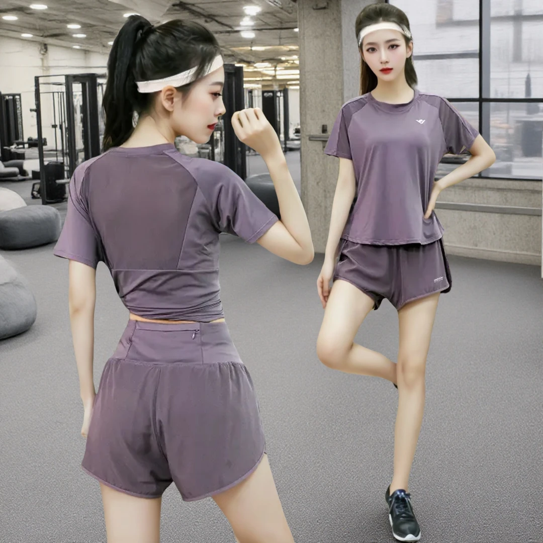 速干运动显瘦套装女两件套宽松短袖瑜伽健身跑步春秋聚酯纤维氨纶