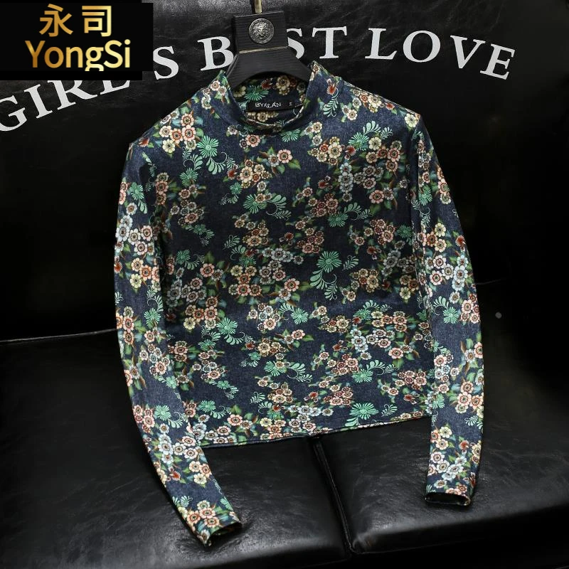 花色长袖T恤男士青年高级感痞帅英伦风个性打底衫2025春秋新款潮T