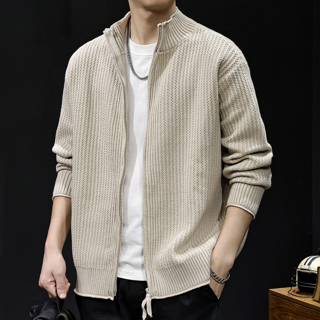 MR.MUDI/穆迪先生竖条纹肌理感立领开衫毛衣男秋冬季高级感针织衫