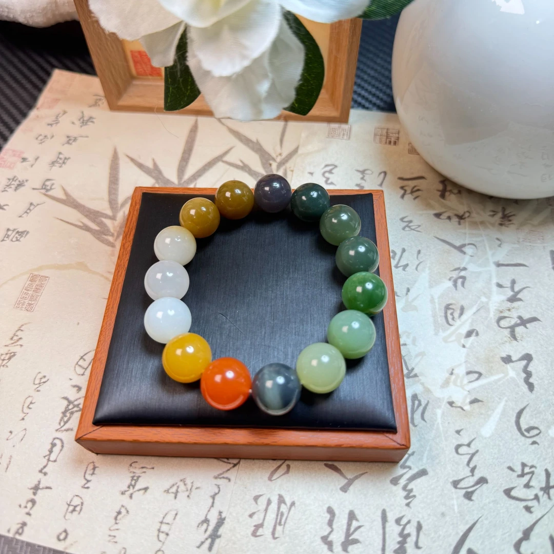 和田玉多宝渐变手串卡14mm百搭精品和田玉珠宝