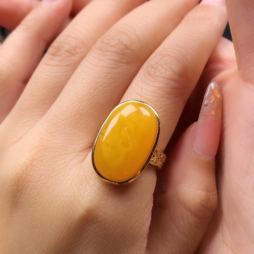 蜜蜡戒指银S925镶嵌戒指