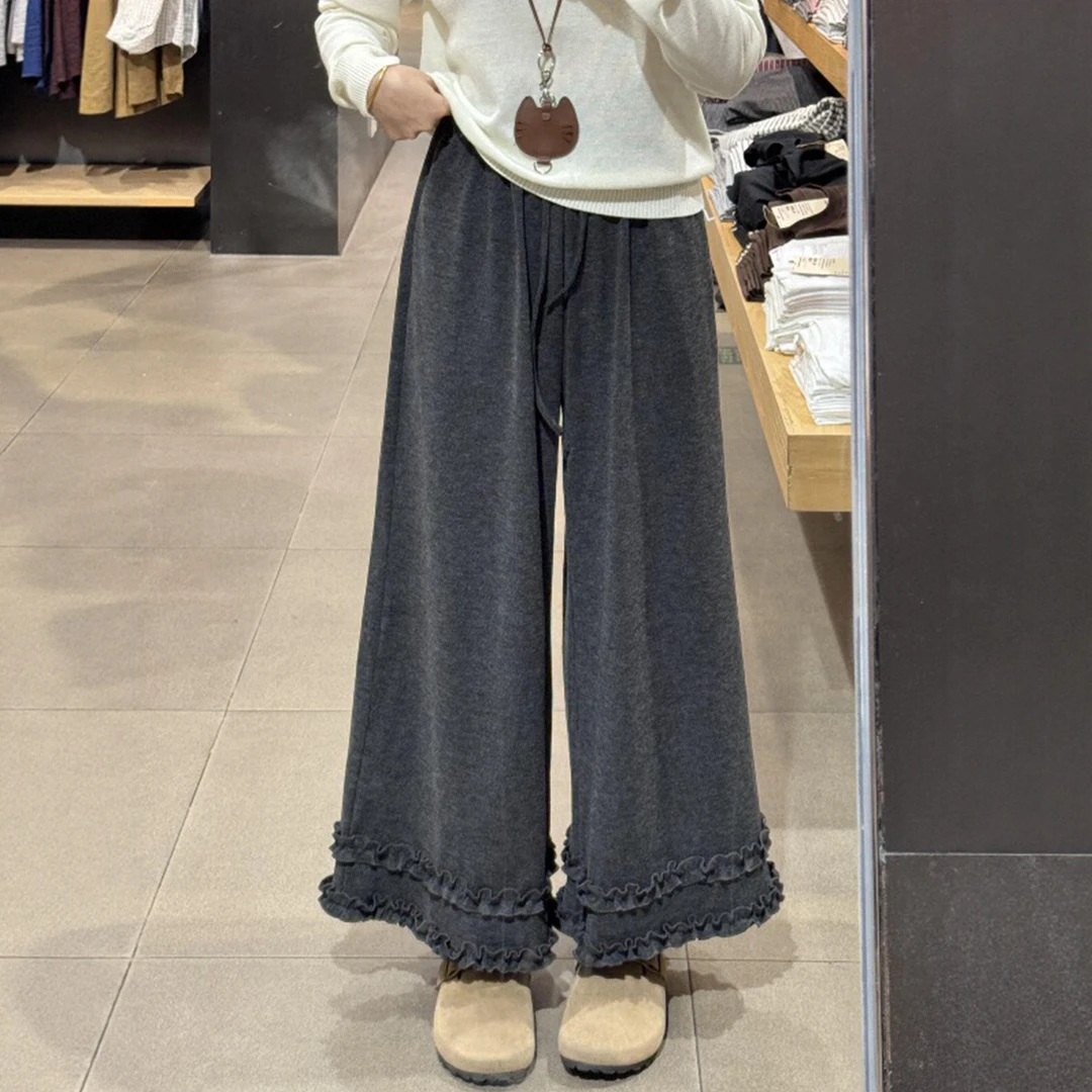 大码胖mm深灰色花边糯米裤女秋2025新款阔腿显瘦拼接木耳花休闲裤