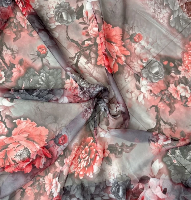 【30D雪纺灰红牡丹花】连衣裙面料布料时尚时装面料