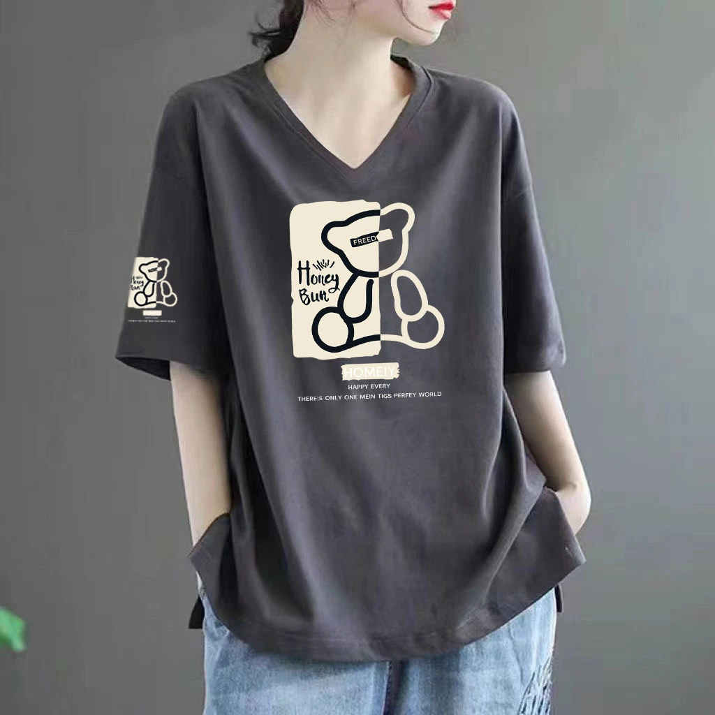 洋气遮肉别致上衣女士V领休闲打底衫2025夏季薄款100%纯棉短袖t恤