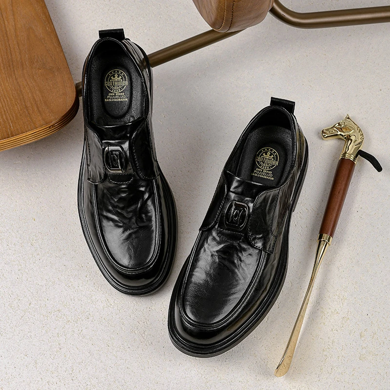 1722皮鞋男新款手抓纹百搭一脚蹬男士休闲软皮潮流时尚英伦商务鞋